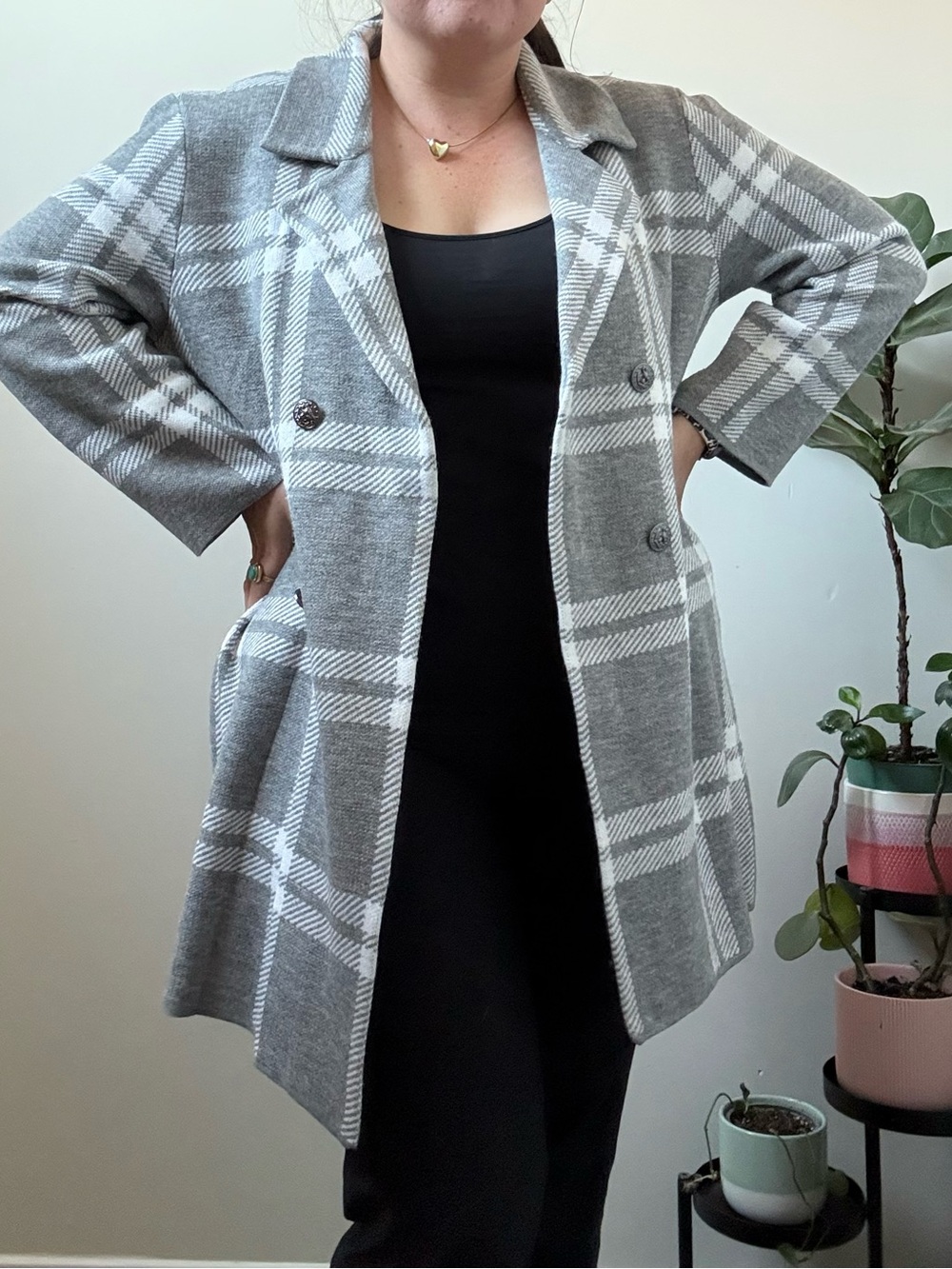 Anne Klein grey and white checkered shacket